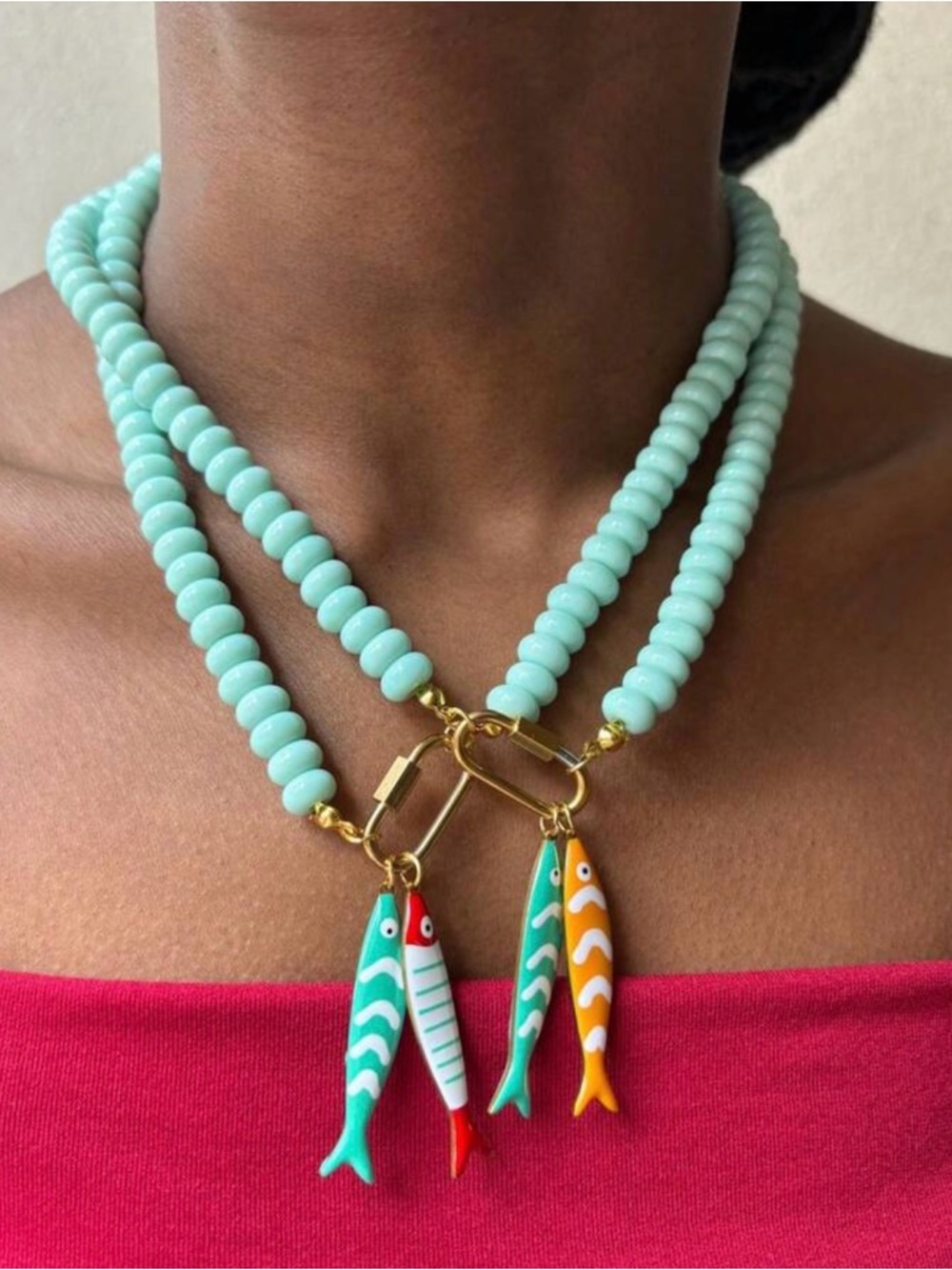 Mint Beaded Necklace with Fish Charms A1853